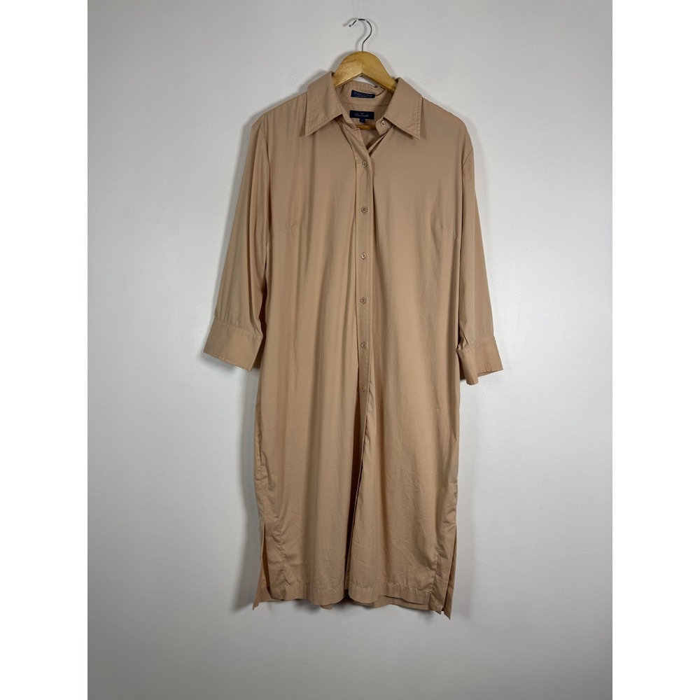 Minimalist Faconnable Womens Large Shirt Dress Tan Cotton Blend 3/4 Sleeve Slits